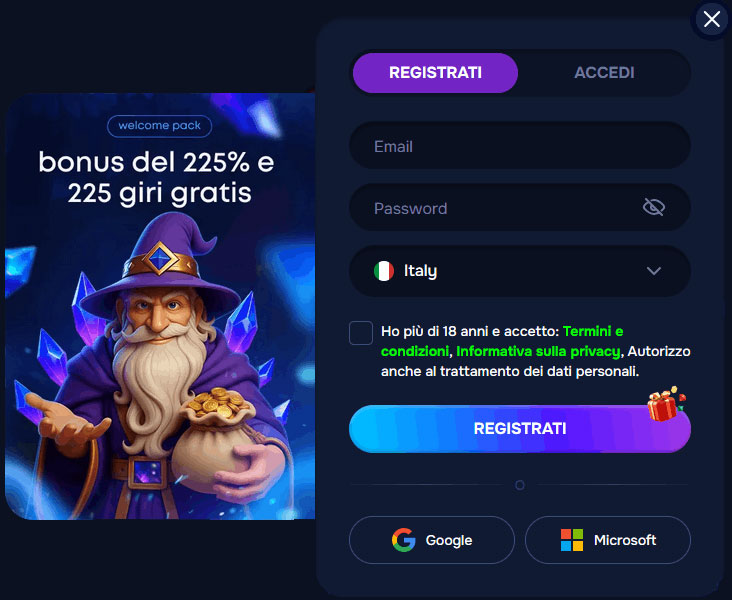 Registration at an online casino.